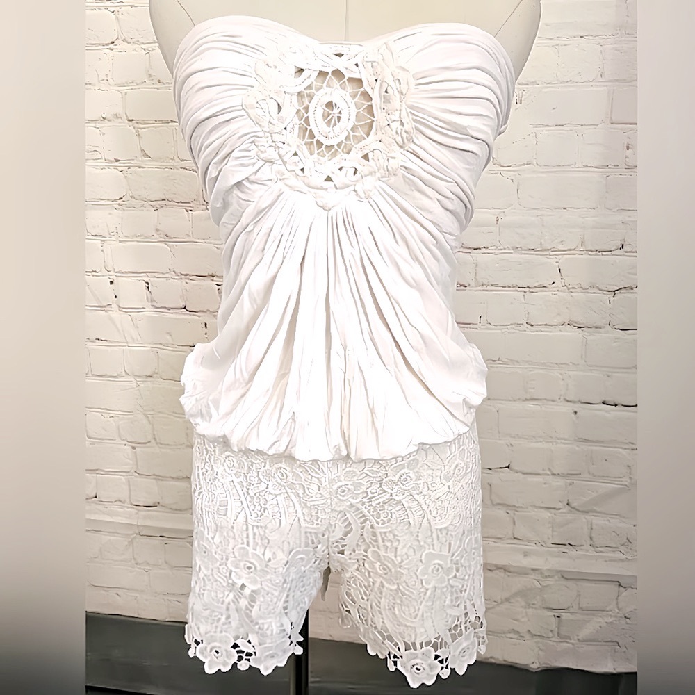 White Strapless Romper Mini Shorts with Crochet Embellishment - Picture 2 of 8
